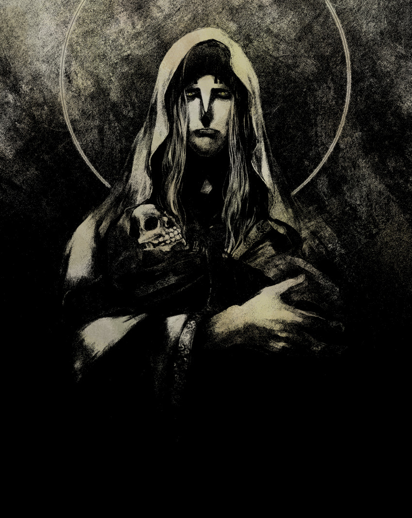 1boy basil_hawkins bending closed_mouth expressionless greyscale halo highres holding holding_skull long_hair looking_at_viewer male_focus monochrome one_piece robe shiso_i4 skull solo spot_color swaddled veil yellow_eyes
