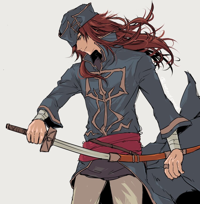1boy closed_mouth fire_emblem fire_emblem:_the_sacred_stones hat highres holding holding_sword holding_weapon joshua_(fire_emblem) long_hair nintendo pants red_eyes red_hair scabbard sheath sword umi_(_oneinchswing) upper_body weapon