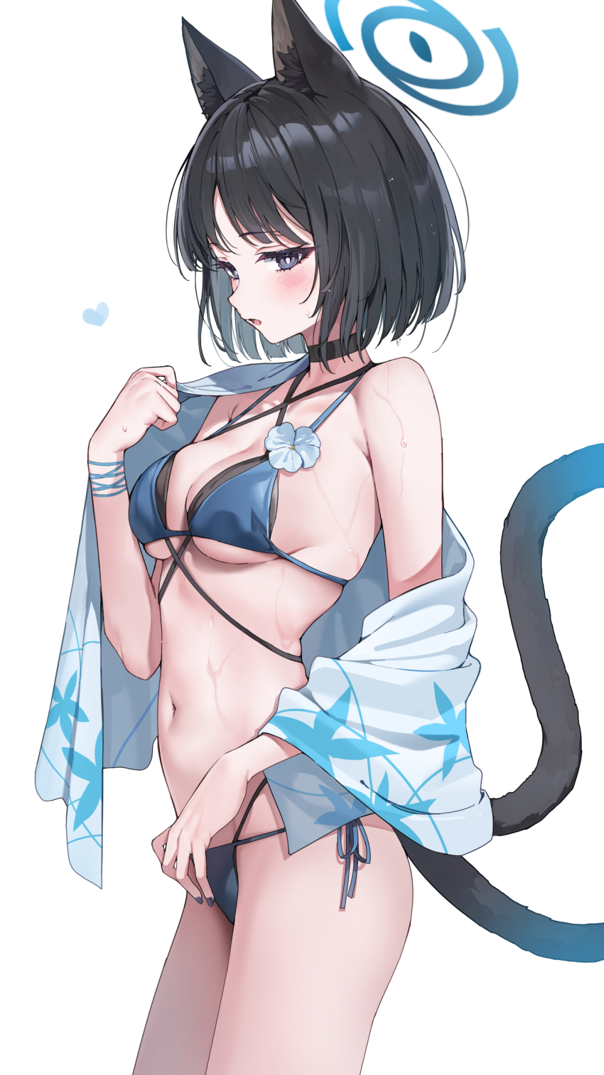 1girl animal_ears bikini black_hair black_tail blue_archive blue_bikini blue_halo blue_tail breasts cat_ears cat_girl cat_tail colored_inner_animal_ears criss-cross_halter criss-cross_straps gradient_tail halo halterneck highres huwari_(dnwls3010) kikyou_(blue_archive) kikyou_(swimsuit)_(blue_archive) layered_bikini medium_breasts multiple_tails navel official_alternate_costume short_hair sideboob solo stomach swimsuit tail two_tails underboob