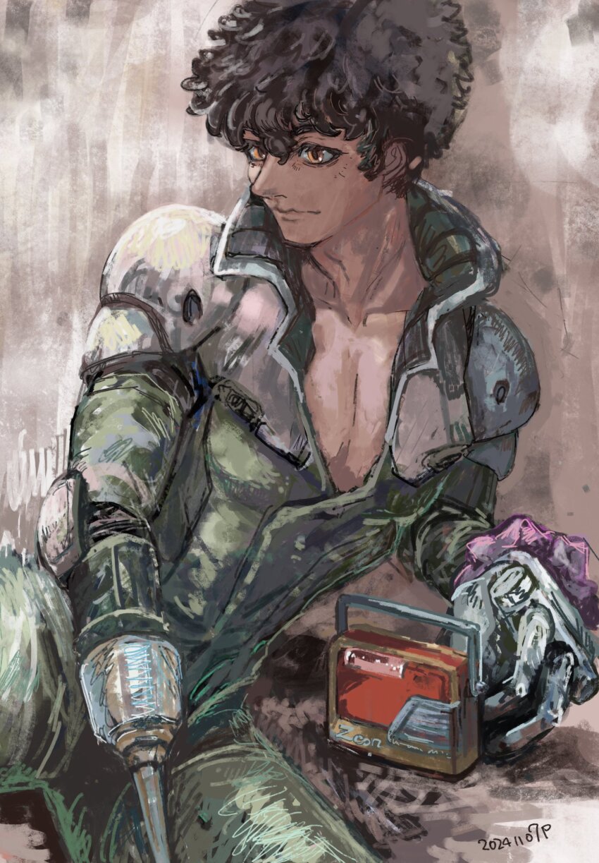 1boy afro bodysuit brown_background brown_eyes brown_hair closed_mouth commentary dark-skinned_male dark_skin daryl_lorenz english_commentary green_bodysuit gundam gundam_thunderbolt highres male_focus mecha_pilot_suit okrdisk2000 pectoral_cleavage pectorals prosthesis prosthetic_arm radio sitting solo