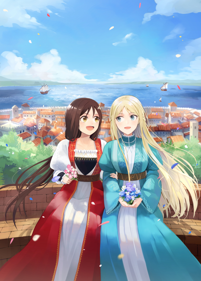 2girls aege-kai_wo_wataru_hana-tachi aqua_dress battlement bench black_shirt blonde_hair blue_eyes blue_flower blue_sky braid brick_wall brown_eyes brown_hair brown_sash cityscape cloud commentary_request day dress eye_contact falling_petals flower half_up_braid highres hinoshita_akame holding holding_another&#039;s_arm holding_flower italian_clothes layered_clothes lisa_(aege-kai_wo_wataru_hana-tachi) long_hair looking_at_another medieval multiple_girls ocean official_art olha_(aege-kai_wo_wataru_hana-tachi) open_mouth outdoors petals pink_flower puffy_short_sleeves puffy_sleeves purple_flower red_dress sailing_ship shirt short_sleeves sitting sky stone_wall sunlight talking tower town two-tone_dress very_long_hair white_dress white_flower