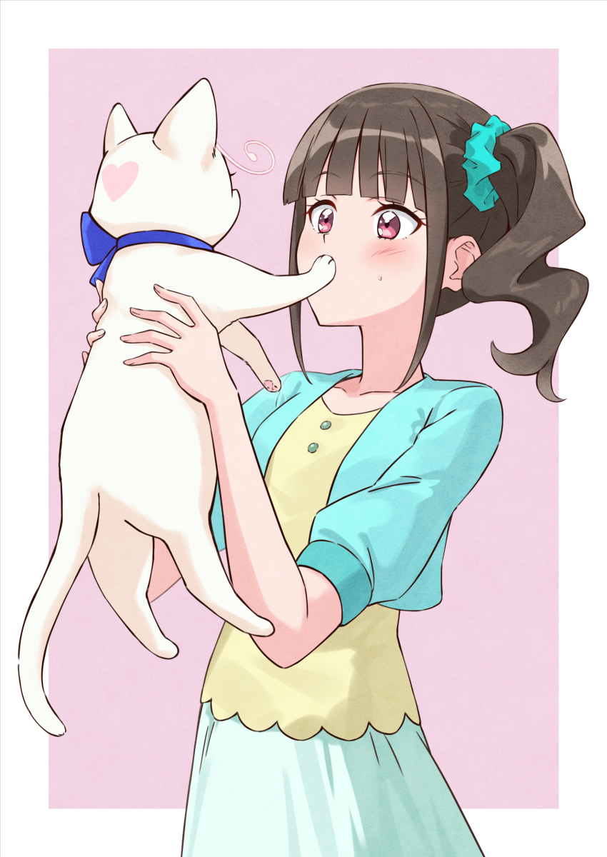 1girl absurdres animal brown_hair cat covering_another&#039;s_mouth dress hand_over_another&#039;s_mouth heart highres holding holding_animal long_hair nekoyashiki_mayu nekoyashiki_yuki nuenue pink_background pink_eyes precure scrunchie side_ponytail simple_background vest white_cat wonderful_precure!
