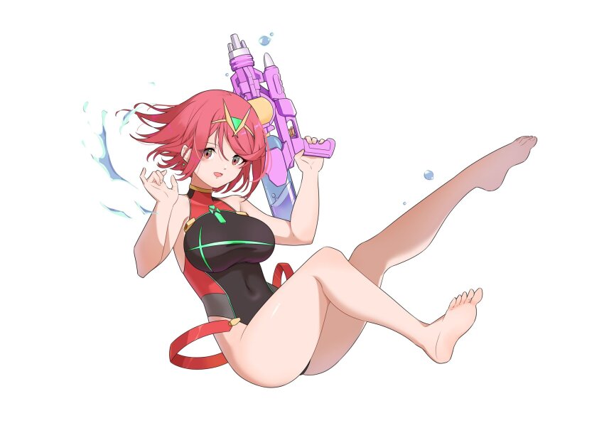 1girl bare_shoulders black_one-piece_swimsuit breasts chest_jewel core_crystal_(xenoblade) full_body hehe_jun highres holding holding_water_gun large_breasts multicolored_swimsuit one-piece_swimsuit pyra_(pro_swimmer)_(xenoblade) pyra_(xenoblade) red_eyes red_hair red_one-piece_swimsuit short_hair simple_background solo swimsuit tiara water water_gun white_background xenoblade_chronicles_(series) xenoblade_chronicles_2