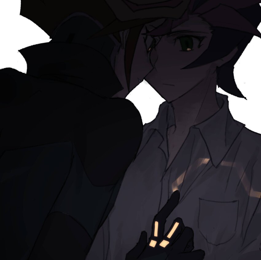 2boys alternate_form arms_at_sides black_bodysuit black_hair bodysuit close-up colored_bangs dress_shirt dual_persona facing_another facing_to_the_side finger_to_another&#039;s_chest forehead-to-forehead fujiki_yusaku glowing glowing_clothes green_bodysuit green_eyes hand_on_another&#039;s_chest heads_together highres looking_at_another male_focus multiple_boys muted_color novale110 partially_unbuttoned playmaker_(yu-gi-oh!) popped_collar red_hair shirt spiked_hair two-tone_bodysuit white_background yu-gi-oh! yu-gi-oh!_vrains