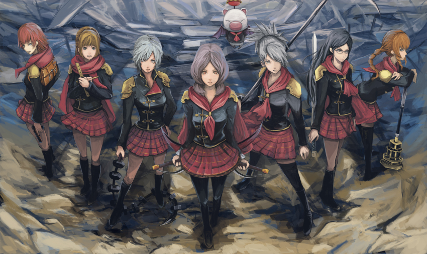 6+girls bag black_hair black_socks boots braid brown_hair cater_(fft-0) cinque_(fft-0) deuce_(fft-0) dual_wielding final_fantasy final_fantasy_type-0 flute glasses grey_hair gun highres holding instrument kneehighs mace moogle multiple_girls pantyhose polearm queen_(fft-0) red_hair rem_tokimiya ripu_(vincecarter) satchel scarf school_uniform scythe seven_(fft-0) sice_(fft-0) skirt socks spear sword thighhighs tokimiya_rem weapon whip zettai_ryouiki