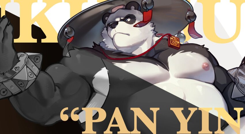 1boy animal_ears arange_(youhei79384157) bara bare_pectorals bell biceps black_fur bracelet character_name closed_mouth commentary english_commentary english_text furry furry_male highres jewelry jingle_bell looking_to_the_side multicolored_fur necklace nipples pan_yinhu panda_boy panda_ears partially_colored pectorals plump spiked_bracelet spikes tank_top white_fur wok zenless_zone_zero