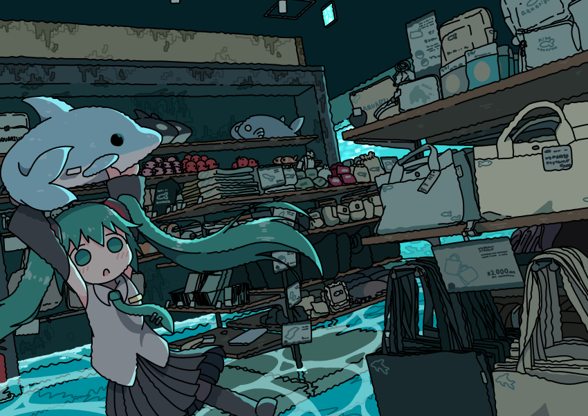 1girl absurdres arms_up bag blue_eyes blue_hair blue_necktie dolphin emesan_desu flood hatsune_miku highres interior miku_day necktie octopus revision shelf shop solo stuffed_animal stuffed_toy tote_bag tsukumizu_yuu_(style) vocaloid