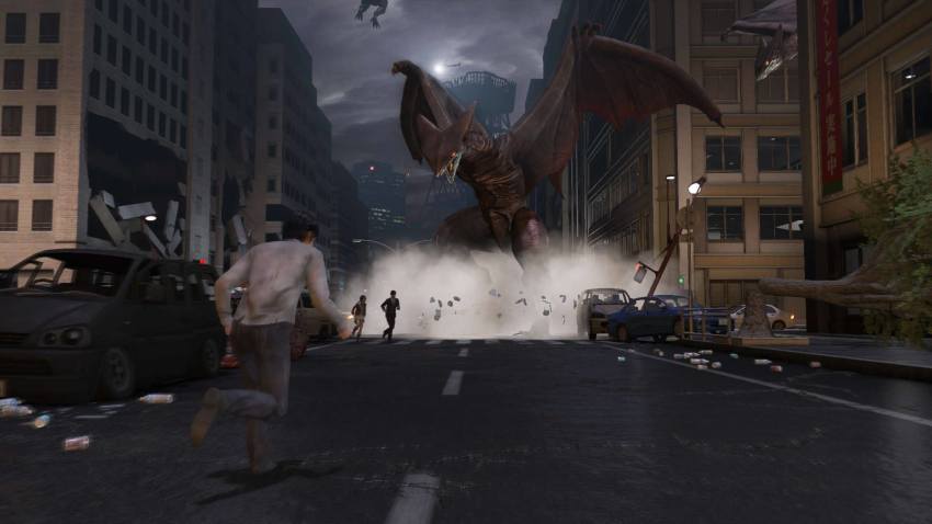 car city city_shrouded_in_shadow daiei_film destruction dual_persona gamera:_guardian_of_the_universe gamera_(series) giant giant_monster granzella gyaos highres kadokawa kaiju misaki_ken monster motor_vehicle night veins veiny_wings wings