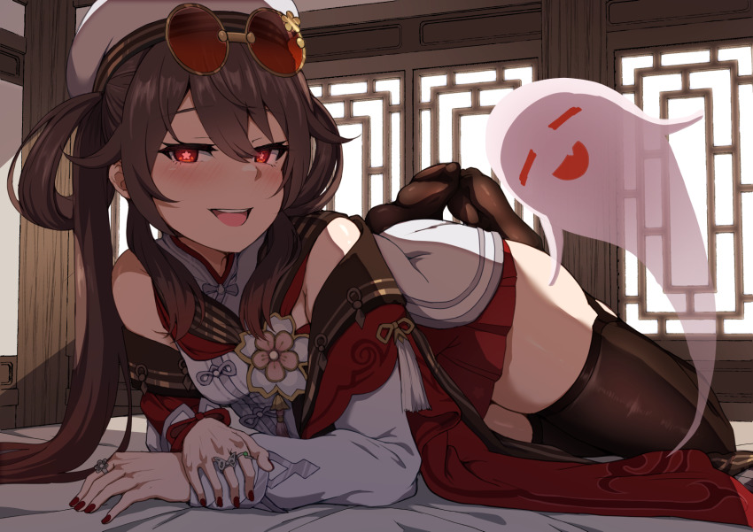 1girl 4tb_(4tera_byte) black_thighhighs brown_hair butterfly_ring dress eyewear_on_head feet flower-shaped_pupils genshin_impact ghost hair_between_eyes hair_rings hat highres hu_tao_(cherries_snow-laden)_(genshin_impact) hu_tao_(genshin_impact) jewelry long_hair long_sleeves looking_at_viewer lying official_alternate_costume on_side red-tinted_eyewear red_eyes red_nails red_skirt ring round_eyewear skirt smile solo sunglasses symbol-shaped_pupils thighhighs tinted_eyewear twintails white_hat yellow-framed_eyewear