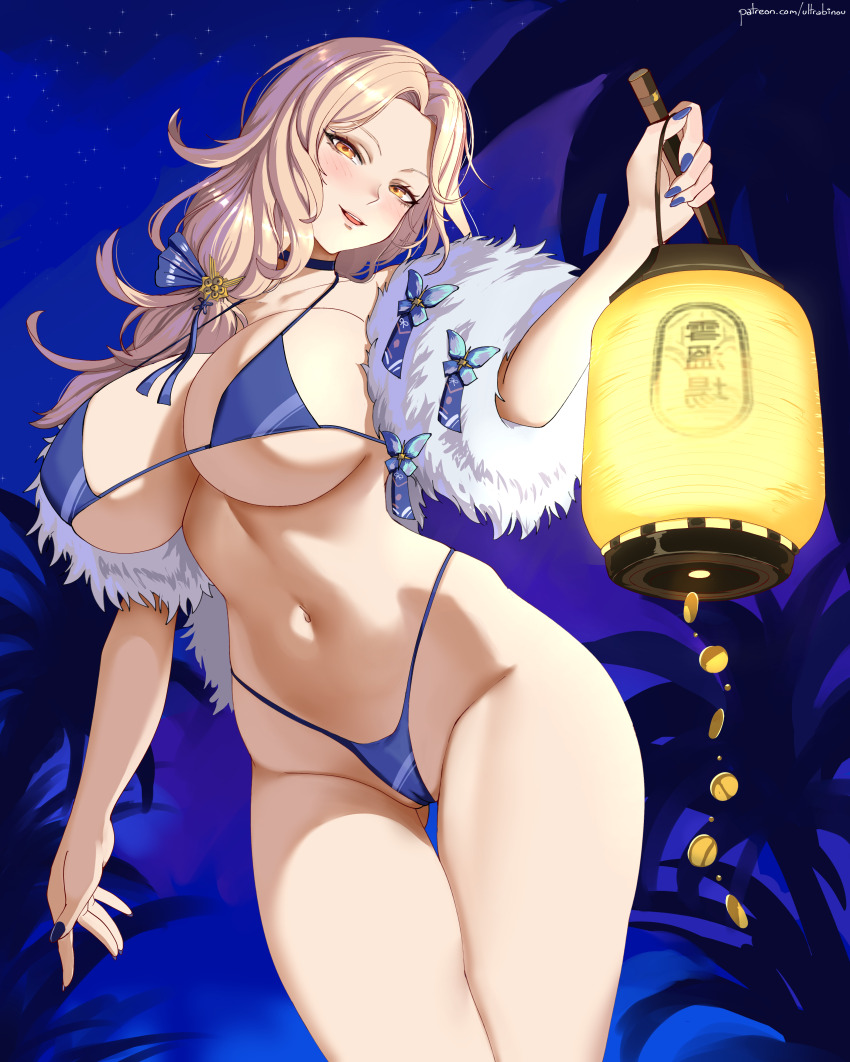 1girl :d absurdres bikini blonde_hair blue_bikini blue_nails blush breasts cameltoe cleavage goddess_of_victory:_nikke highres huge_breasts lantern large_breasts long_hair looking_at_viewer ludmilla_(nikke) ludmilla_(winter_owner)_(nikke) mature_female navel open_mouth smile solo swimsuit ultrabinou yellow_eyes