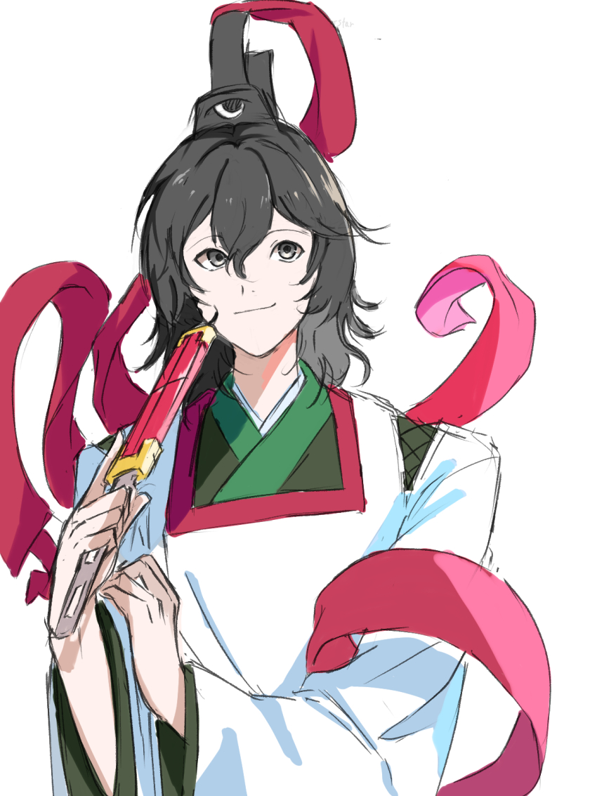 1other androgynous black_hair black_hat black_kimono closed_mouth commentary_request detached_sleeves eye_of_senri grey_eyes hair_between_eyes happy hat hat_ribbon highres holding holding_rod japanese_clothes jinbei_(clothes) kariginu kimono layered_sleeves len&#039;en long_hair long_sleeves looking_at_viewer object_to_mouth ofuda ofuda_on_clothes other_focus red_ribbon ribbon rod senri_tsurubami simple_background smirk solo tate_eboshi upper_body white_background white_sleeves wide_sleeves yoni.