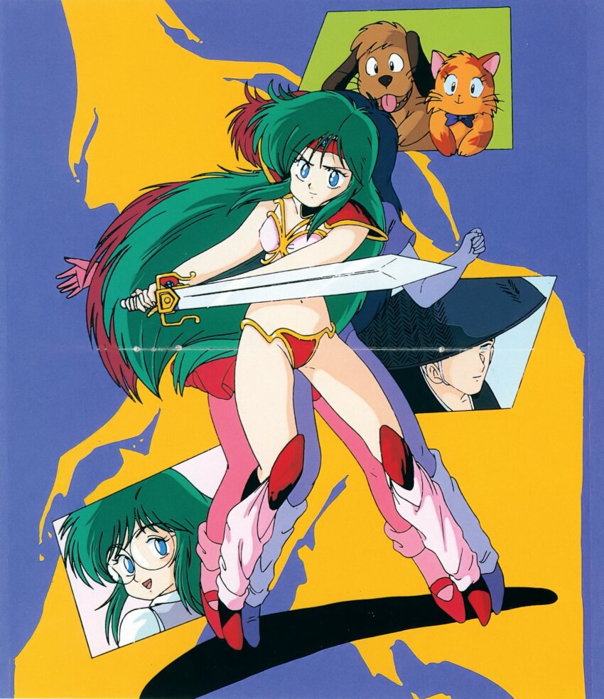 1980s_(style) 1boy 2girls absurdres ajirogasa alpha_(dream_hunter_rem) animal_collar anime_coloring ankle_socks aqua_eyes aqua_sclera armor artist_request ayanokouji_rem baby_animal bare_arms beta_(dream_hunter_rem) bikini bikini_armor black_collar black_kimono blue_background blue_hat bow bowtie bracer brown_dog brown_fur cat closed_mouth collar collared_shirt colored_sclera commentary crease detached_collar diadem dog dream_hunter_rem dual_persona english_commentary enkou_(dream_hunter_rem) eyelashes fluffy full_body glass grey_hair hat highres holding holding_sword holding_weapon japanese_clothes kimono kitten knee_armor leg_warmers long_hair looking_at_viewer mary_janes miniskirt monk multiple_girls navel official_art oldschool open_mouth orange_cat orange_fur pauldrons pink_bikini pink_leg_warmers projected_inset puppy purple_bow purple_bowtie purple_collar purple_vest red_armor red_bikini red_footwear retro_artstyle rimless_eyewear round_eyewear scan scan_artifacts shadow shirt shoes shoulder_armor simple_background skirt socks straight_hair straw_hat swimsuit sword third-party_source tongue twisted_torso two-tone_background undershirt upper_body very_long_hair vest weapon white_collar white_shirt white_sleeves white_undershirt wing_collar