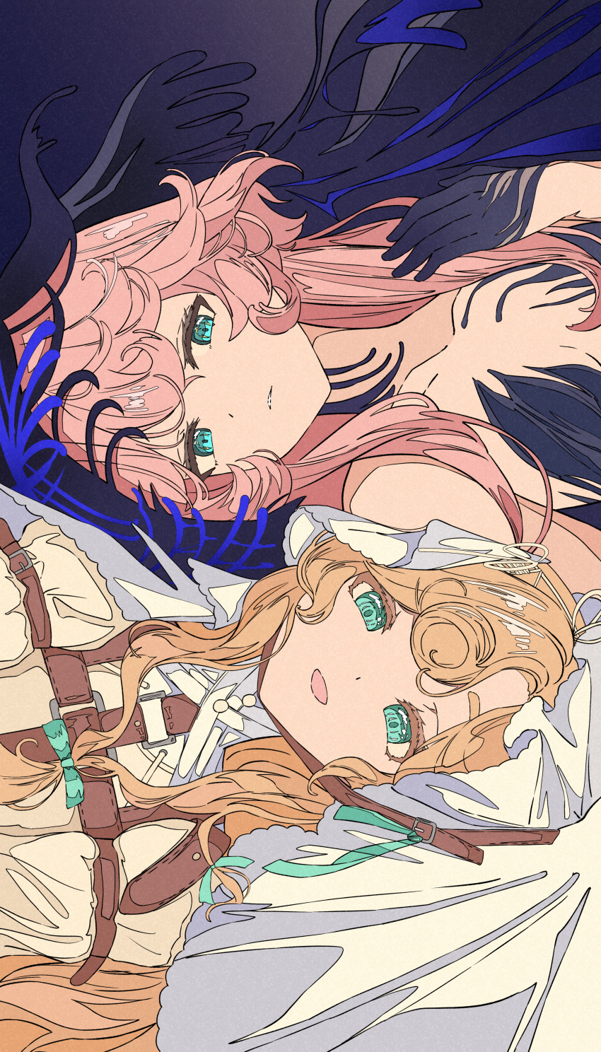 2girls :d absurdres aqua_eyes arm_belt bare_shoulders belt black_dress black_hands black_veil blonde_hair blue_veil brown_belt colored_extremities dress hand_up highres long_hair looking_at_viewer lorelei_(reverse:1999) multiple_girls nautika_(reverse:1999) open_mouth parted_lips pink_hair reverse:1999 rotational_symmetry sideways smile strapless strapless_dress two-tone_veil upper_body veil white_dress white_veil xiao_jin_caoooooooi