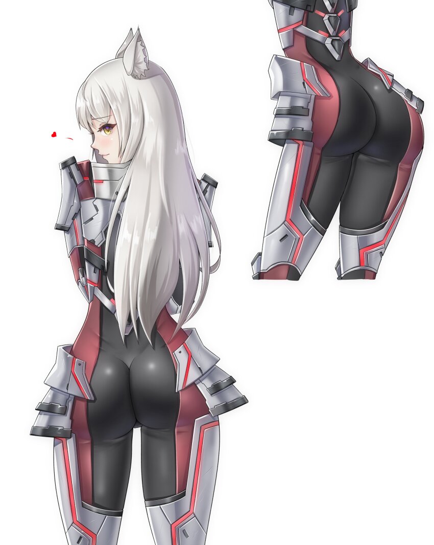 1girl absurdres animal_ear_fluff animal_ears armor ass ass_focus black_bodysuit blush bodysuit cat_ears cat_girl closed_mouth commentary english_commentary furrowed_brow glowing_lines highres long_hair looking_at_viewer looking_back m_(xenoblade) multiple_views red_bodysuit simple_background smile standing succducc888 two-tone_bodysuit white_background white_hair xenoblade_chronicles_(series) xenoblade_chronicles_3
