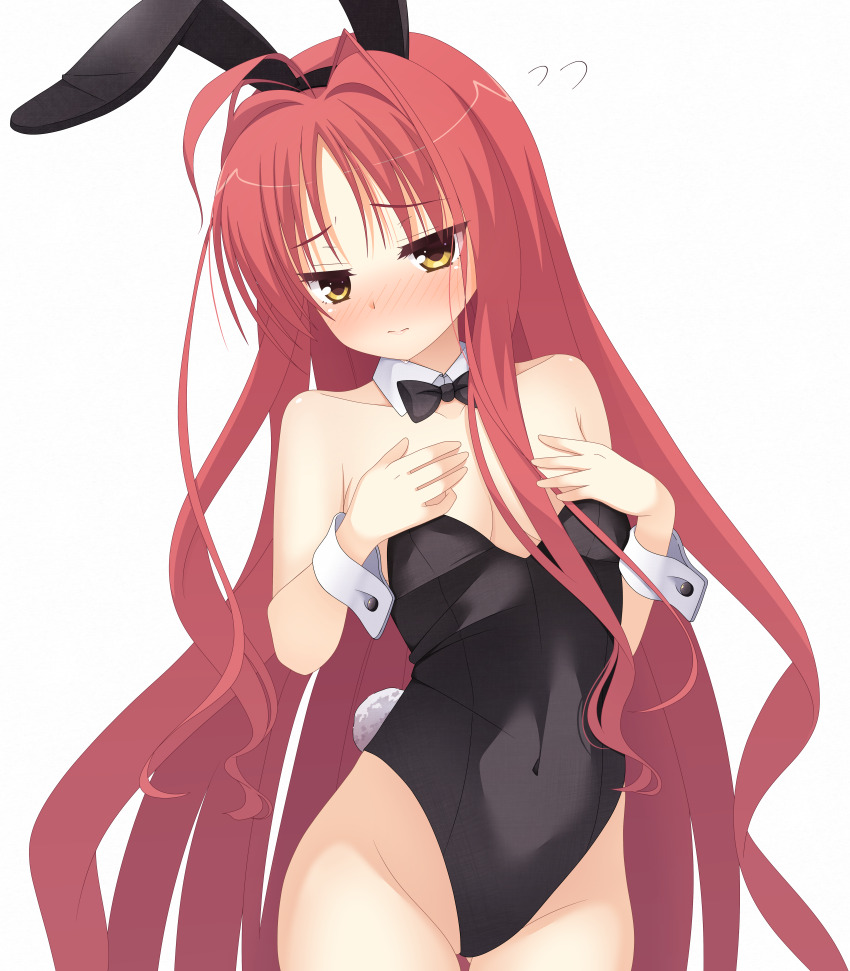 1girl absurdres ahoge animal_ear_hairband animal_ears black_bow black_bowtie black_leotard blush bow bowtie breasts detached_collar dracu-riot! fake_animal_ears hair_intakes hairband hands_on_own_chest highres kaon_zz leotard long_hair looking_at_viewer nose_blush playboy_bunny rabbit_ears rabbit_tail sidelocks simple_background small_breasts solo strapless strapless_leotard tail very_long_hair wavy_hair white_background wrist_cuffs yarai_miu yellow_eyes
