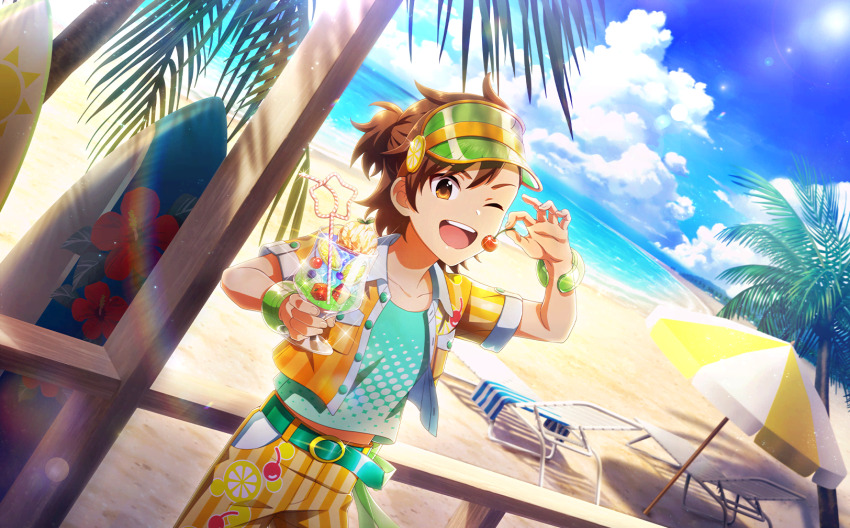 1boy beach belt blue_sky bracelet brown_hair buttons cherry cherry_print child cloud cup drink drinking_straw fingernails food food_print fruit fruit_print hat highres holding holding_cup holding_food holding_fruit ice ice_cube idolmaster idolmaster_side-m idolmaster_side-m_live_on_stage! jewelry looking_at_viewer male_focus male_swimwear midriff_peek ocean official_art one-piece_swimsuit one_eye_closed open_mouth orange_male_swimwear orange_swim_trunks palm_tree print_male_swimwear print_swim_trunks print_swimsuit see-through_clothes see-through_headwear short_sleeves sky striped_clothes striped_male_swimwear striped_one-piece_swimsuit surfboard swim_trunks swimsuit tachibana_shiro_(idolmaster) teeth tree umbrella upper_teeth_only vertical-striped_clothes vertical-striped_male_swimwear vertical-striped_one-piece_swimsuit