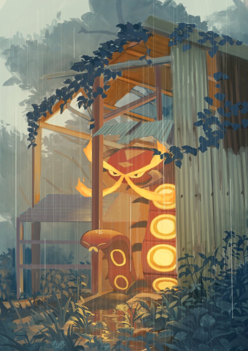 absurdres centiskorch closed_mouth commentary_request corrugated_galvanized_iron_sheet evolutionary_line gen_8_pokemon glowing highres king_joe_(neoroto) nintendo no_humans outdoors plant pokemon pokemon_(creature) rain sizzlipede taking_shelter tree yellow_eyes