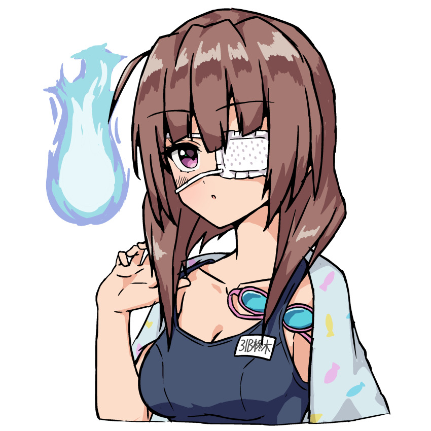 1girl absurdres blue_fire blue_one-piece_swimsuit breasts brown_hair cleavage eyepatch fire heaven_burns_red highres hiiragi_kozue medium_hair one-piece_swimsuit one_eye_covered otowac4t purple_eyes school_swimsuit solo swimsuit