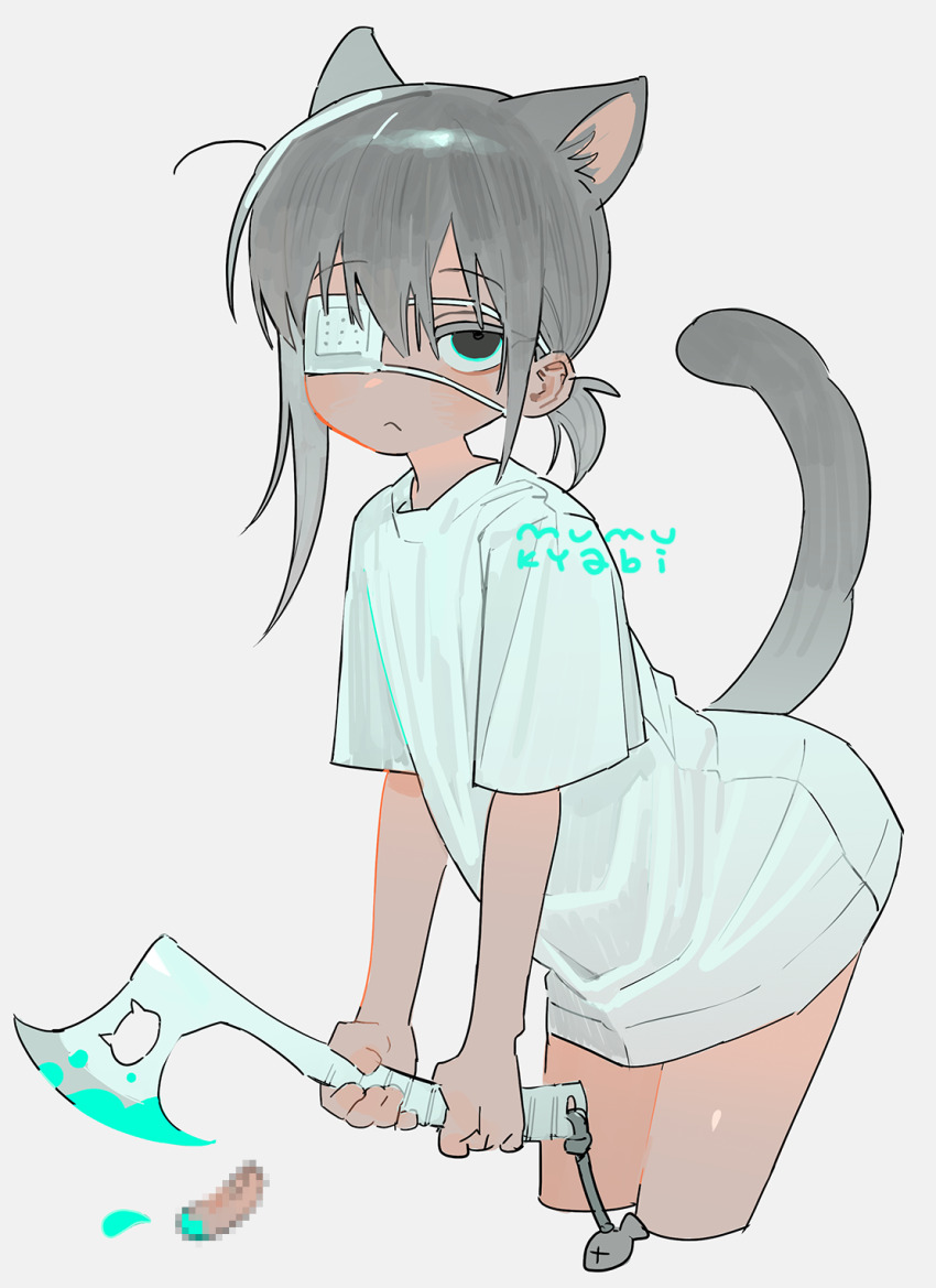 1girl animal_ears axe black_eyes cat_day cat_ears cat_girl cat_tail commentary expressionless eyepatch flat_chest grey_hair highres holding holding_axe long_shirt looking_at_viewer mumukyabi original shirt solo tail white_shirt