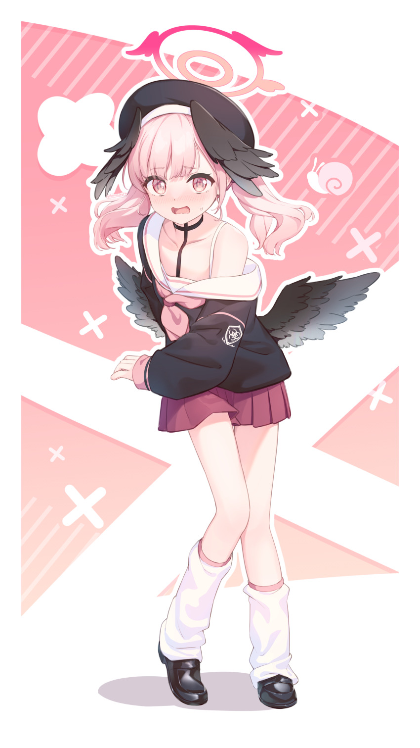 1girl absurdres beret black_choker black_hat black_shoes black_wings blue_archive blush choker collarbone commentary_request feathered_wings full_body halo hat head_wings highres koharu_(blue_archive) leg_warmers low_wings medium_hair open_mouth outline pink_eyes pink_hair pink_halo pink_skirt pleated_skirt sailor_collar shoes skirt sleeves_past_wrists snail solo sweatdrop tokoshibyra twintails white_leg_warmers white_outline white_sailor_collar wings