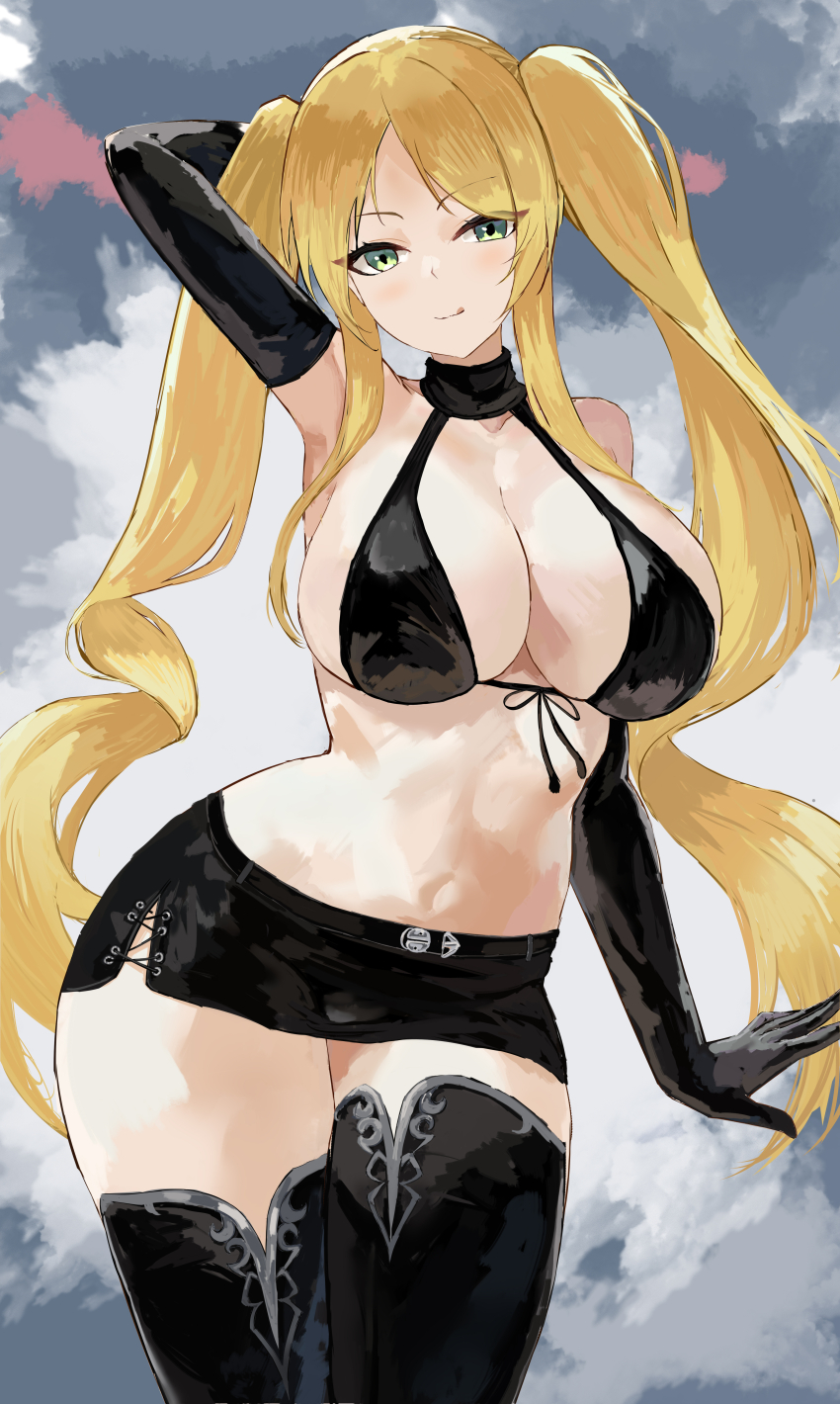 1girl absurdres arm_behind_head arm_up azur_lane bare_shoulders bikini bikini_top_only black_bikini black_boots black_choker black_gloves black_skirt blonde_hair boots breasts choker cleavage elbow_gloves front-tie_bikini_top front-tie_top gloves green_eyes highres hornet_(azur_lane) hornet_(meta)_(azur_lane) large_breasts long_hair looking_at_viewer navel parted_bangs side_slit sideboob skirt smile solo suo_bu_ye_feng swimsuit thigh_boots thighs twintails very_long_hair