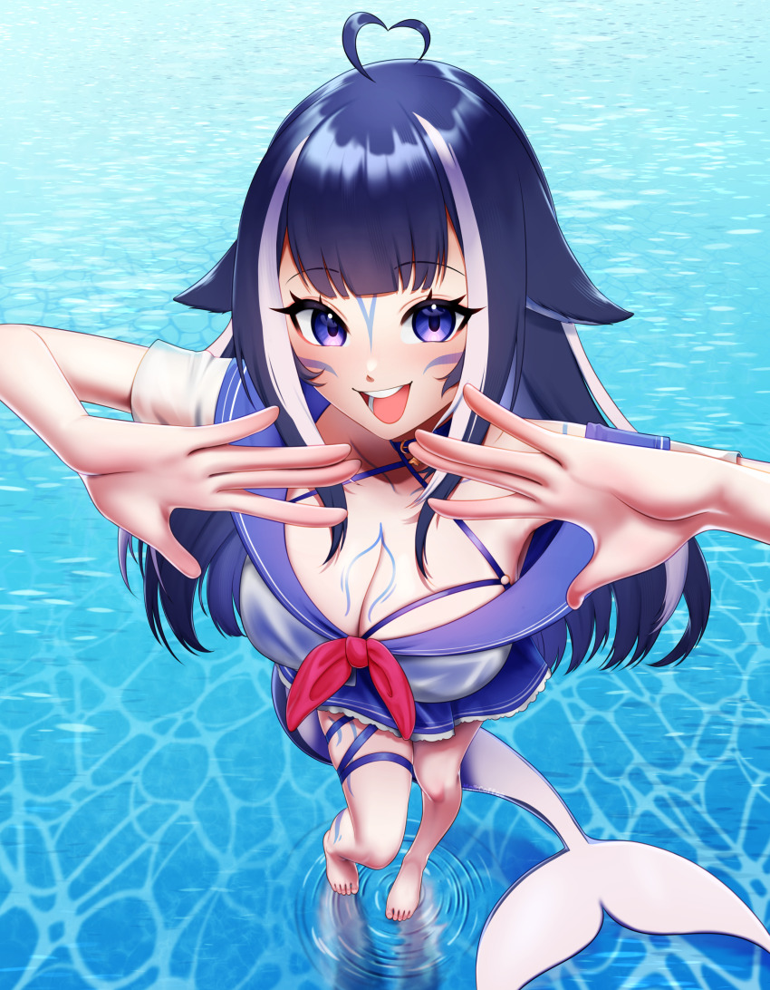 1girl absurdres animal_ears black_hair blue_collar blue_hair body_markings collar fins fish_tail highres multicolored_hair non-web_source purple_eyes ribbon sailor sailor_collar sailor_shirt shirt shylily shylily_(1st_costume) tail virtual_youtuber water
