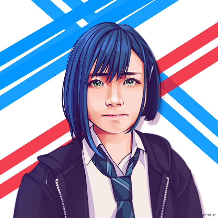 1girl :| aqua_necktie asymmetrical_hair black_hoodie blue_background blue_hair bob_cut close-up closed_mouth collared_shirt commentary darling_in_the_franxx diagonal-striped_clothes diagonal-striped_necktie dress english_commentary eyelashes green_dress green_eyes hair_ornament hairclip highres hood hood_down hoodie ichigo_(darling_in_the_franxx) inverted_bob karakara_(xryns01) looking_at_viewer loose_necktie necktie nose open_clothes open_hoodie photo-referenced pink_lips portrait pout realistic red_background school_uniform shirt solo striped_clothes swept_bangs thick_eyebrows white_background white_shirt
