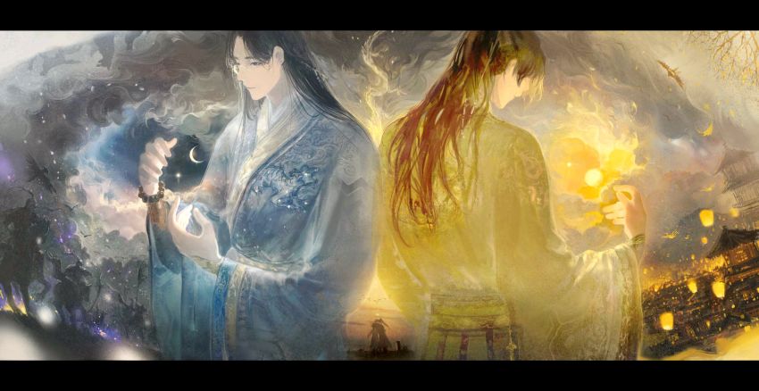 2boys architecture army back-to-back bead_bracelet beads bird black_hair blue_robe blue_theme bracelet building burning chang_geng character_request check_character chinese_clothes contrast cowboy_shot crescent_moon dawn day_and_night double_exposure dragon dusk east_asian_architecture eastern_dragon fire hands_up hanfu highres horizon horseback_riding jewelry lantern letterboxed long_sleeves looking_away looking_down male_focus moon multiple_boys night night_sky nthatall ocean paper_lantern ponytail riding robe sash sha_po_lang silhouette sky sky_lantern smoke straight_hair sun tower twilight war wide_sleeves yellow_robe yellow_theme