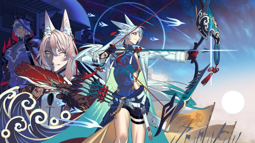 1girl 2boys absurdres aiming animal_ears arrow_(projectile) blue_eyes bow_(weapon) coat edarow feixiao_(honkai:_star_rail) fox_boy fox_ears fox_girl fox_tail hand_fan highres holding holding_bow_(weapon) holding_fan holding_weapon honkai:_star_rail honkai_(series) jiaoqiu_(honkai:_star_rail) long_hair looking_to_the_side moze_(honkai:_star_rail) multiple_boys outdoors pink_hair quiver shorts star_(sky) tail weapon white_coat white_hair