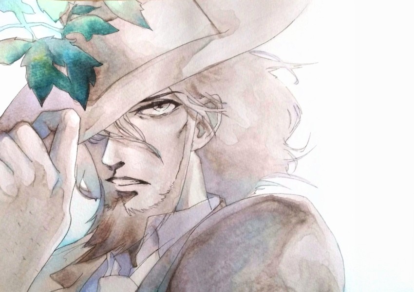 1boy beard facial_hair hair_between_eyes hand_up hat highres jigen_daisuke leaf looking_at_viewer lupin_iii male_focus parted_lips portrait simple_background solo teko_kijibato white_background