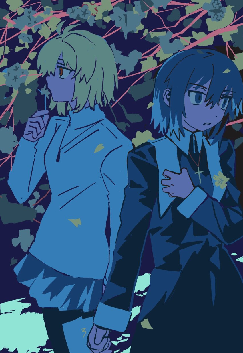 2girls aoymkyo arcueid_brunestud blonde_hair blowing blue_eyes blue_hair cassock ciel_(tsukihime) clerical_collar commentary cross cross_necklace dandelion falling_leaves flower hand_on_own_chest highres jewelry leaf long_sleeves looking_to_the_side multiple_girls necklace pantyhose priestess red_eyes short_hair skirt stole sweater symbol-only_commentary tsukihime tsukihime_(remake) turtleneck turtleneck_sweater white_sweater