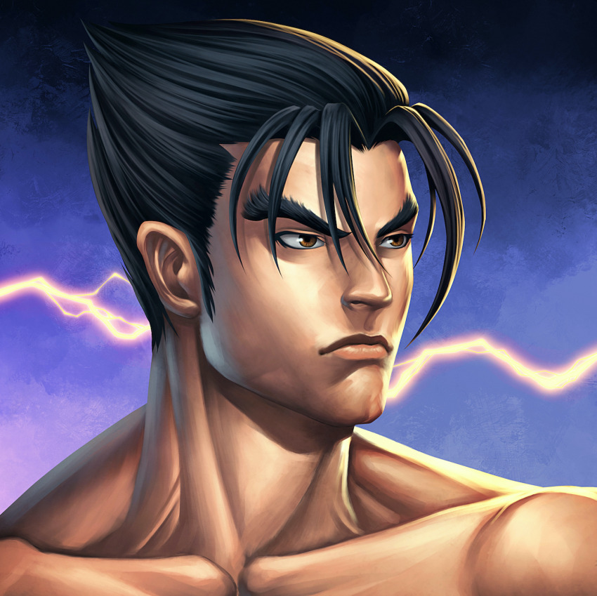 1boy dxsinfinite highres kazama_jin male_focus non-web_source portrait record tekken tekken_3 topless_male