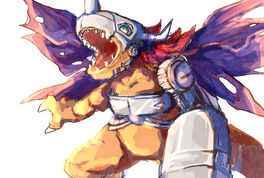 cyborg digimon digimon_(creature) dinosaur helmet highres mechanical_arms megane_mochi metalgreymon open_mouth orange_scales red_hair sharp_teeth short_hair simple_background single_mechanical_arm teeth torn_wings white_background wings