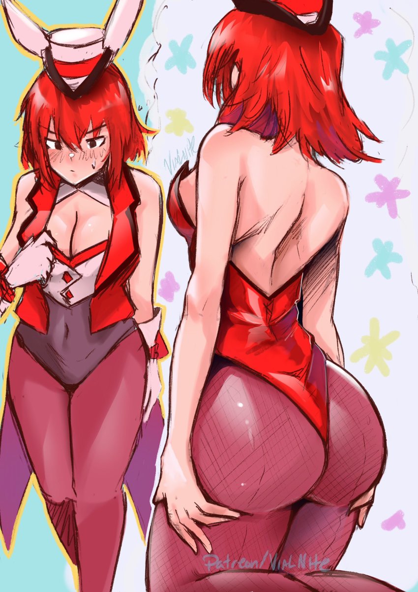 1girl animal_ears ass ass_support bare_shoulders black_leotard blush breasts center_opening cleavage coat cosplay covered_navel fire_emblem fire_emblem:_mystery_of_the_emblem fire_emblem:_new_mystery_of_the_emblem fire_emblem:_shadow_dragon fire_emblem_heroes gloves grabbing_own_ass hand_on_own_ass hat highres kneeling large_breasts leotard mature_female medium_breasts minerva_(fire_emblem) minerva_(spring)_(fire_emblem) nintendo official_alternate_costume playboy_bunny princess rabbit_ears red_eyes red_hair short_hair sideboob simple_background solo squeezing tailcoat vialnite