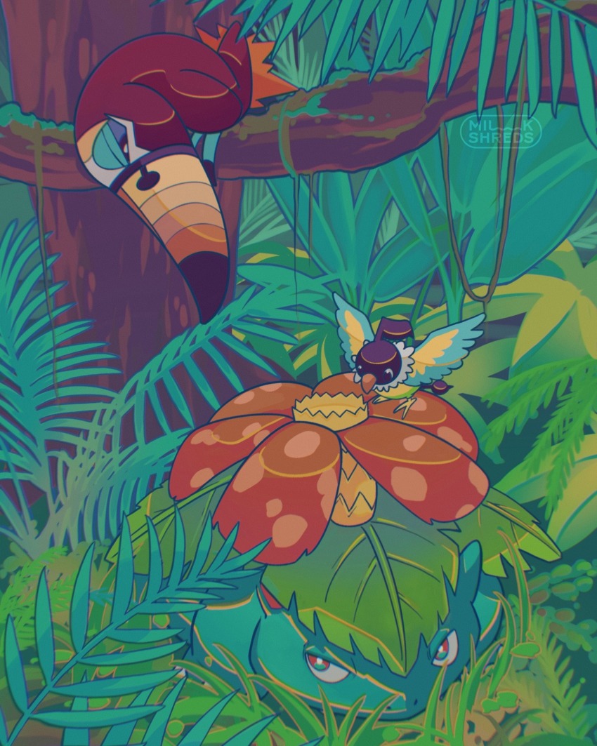 bird black_eyes chatot closed_mouth commentary_request gen_1_pokemon gen_4_pokemon gen_7_pokemon grass highres leaf looking_down looking_up milkshreds nature nintendo no_humans pokemon pokemon_(creature) toucannon tree venusaur