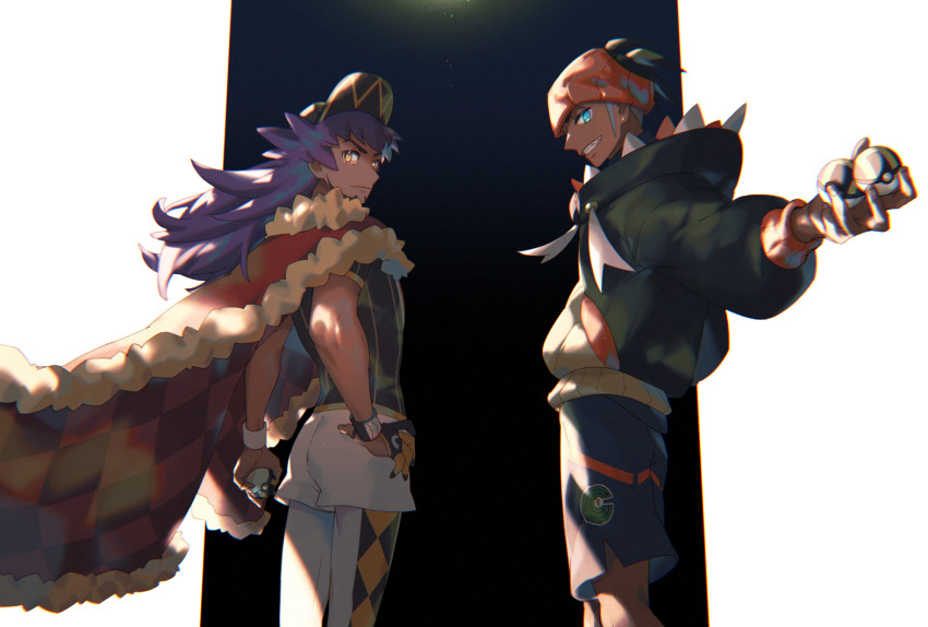 2boys baseball_cap black_hair black_hoodie cape champion_uniform closed_mouth commentary_request dark-skinned_male dark_skin dynamax_band earrings facial_hair fur-trimmed_cape fur_trim gloves grin hand_on_own_hip hat headband holding holding_poke_ball hood hoodie jewelry leggings leon_(pokemon) long_hair looking_back male_focus multiple_boys nintendo orange_headband partially_fingerless_gloves poke_ball pokemon pokemon_swsh purple_hair raihan_(pokemon) red_cape shirt short_hair short_shorts short_sleeves shorts side_slit side_slit_shorts single_glove smile suruga_dbh teeth ultra_ball undercut white_legwear white_shorts yellow_eyes