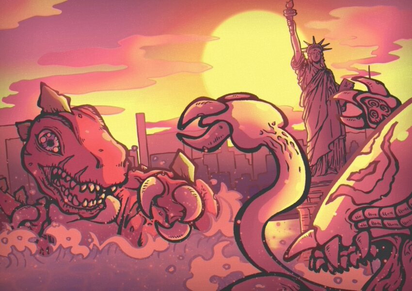 claws digimon digimon_(creature) gesomon sharp_teeth solo statue_of_liberty teeth tentacles tyranomon