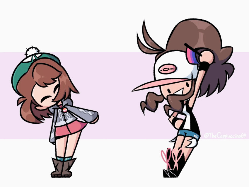 2girls :&gt; animated animated_gif bare_legs baseball_cap beanie black_vest blue_shorts breasts brown_hair chibi denim denim_shorts full_body gloria_(pokemon) hand_on_own_hip happy hat high_ponytail hilda_(pokemon) looking_at_viewer multiple_girls multiple_views nintendo open_mouth pokemon pokemon_bw pokemon_swsh ponytail shirt short_hair short_shorts shorts sidelocks simple_background skirt small_breasts smile standing thecappuccino04 turnaround two-tone_background vest white_shirt wristband