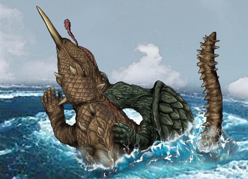 absurdres asphyxiation barugon biting blood cloud daiei_motion_picture day drowning gamera gamera_(series) gamera_vs._barugon highres horns kaiju lake lake_biwa lizard long_tongue nasal_horn no_humans overcast real_world_location satoru33 single_horn sky tail tongue tongue_out turtle tusks waves yellow_eyes