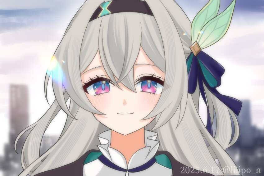 1girl absurdres blue_pupils blue_ribbon blush brown_hairband brown_jacket cityscape closed_mouth collared_shirt dated firefly_(honkai:_star_rail) gradient_eyes grey_hair hair_between_eyes hair_intakes hair_ornament hair_ribbon hairband highres honkai:_star_rail honkai_(series) jacket lilipon looking_at_viewer multicolored_eyes ribbon shirt smile solo twitter_username two-tone_eyes white_shirt