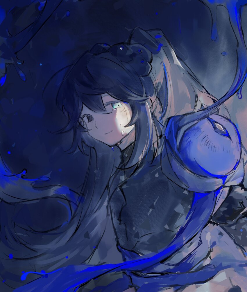 1boy aqua_eyes armor black_armor black_hair blue_liquid cavernous_wailing_(e.g.o) closed_mouth e.g.o_(project_moon) erzheawa half_updo heterochromia highres hong_lu_(project_moon) limbus_company long_hair looking_at_viewer project_moon smile solo upper_body very_long_hair