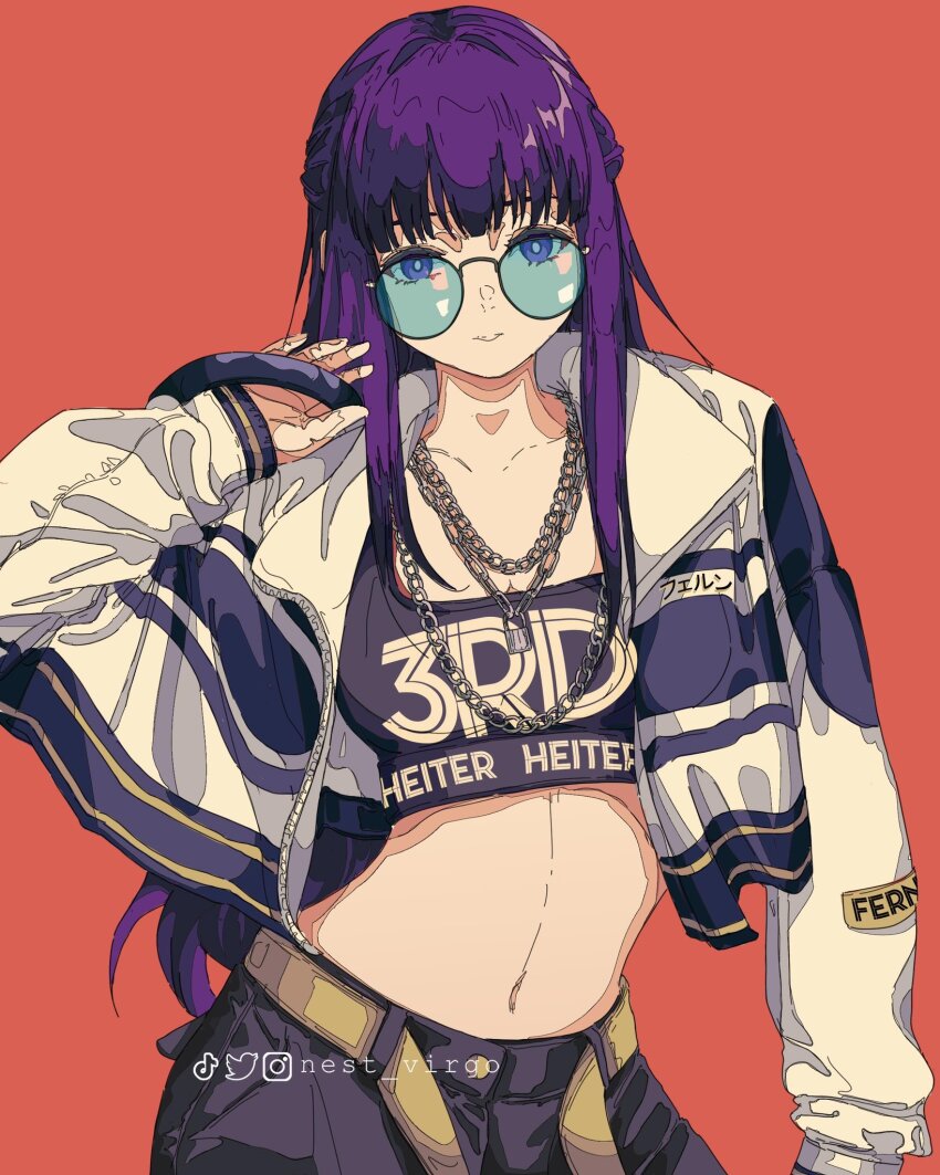 1girl alternate_costume artist_name belt blunt_bangs chain chain_necklace collarbone fern_(sousou_no_frieren) highres instagram_logo instagram_username jacket jewelry long_hair midriff navel necklace nest_virgo open_clothes open_jacket purple_eyes purple_hair round_eyewear smile solo sousou_no_frieren sunglasses