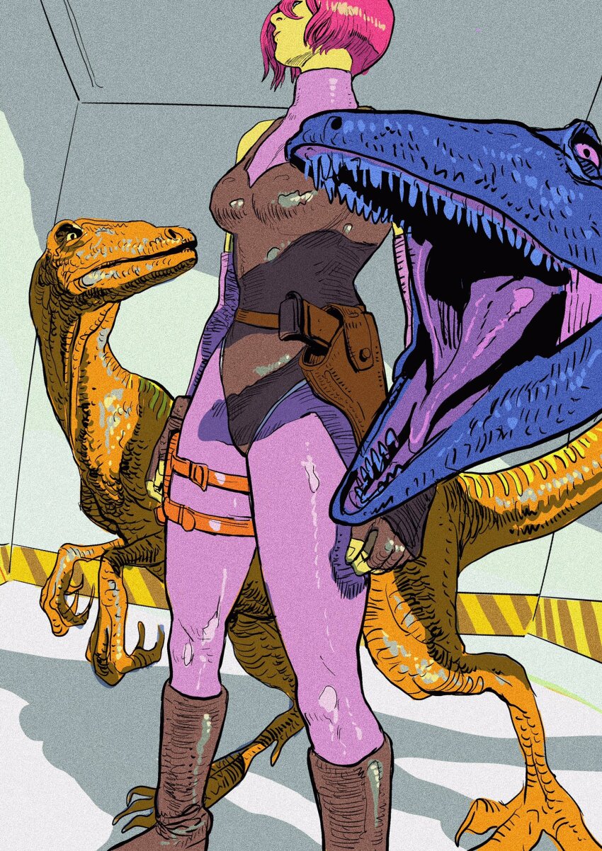 amilcarpinna blue_skin boots capcom colored_skin dino_crisis dinosaur gun hatching_(texture) highres holster leg_holster leggings leotard pink_hair pink_leggings regina_(dino_crisis) teeth weapon yellow_skin