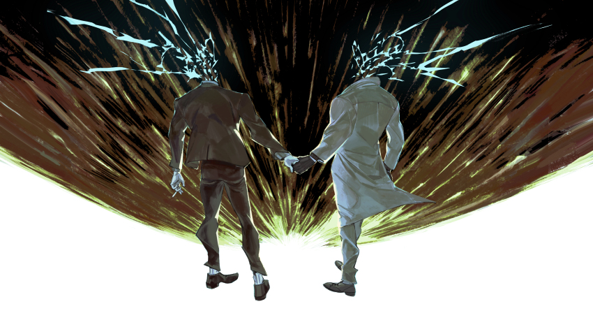 2boys absurdres black_gloves black_shoes cigarette coat commentary_request formal_clothes gloves hal_emmerich headless highres holding holding_cigarette holding_hands linka_guo male_focus metal_gear_(series) metal_gear_solid_4:_guns_of_the_patriots multiple_boys shoes solid_snake suit white_coat