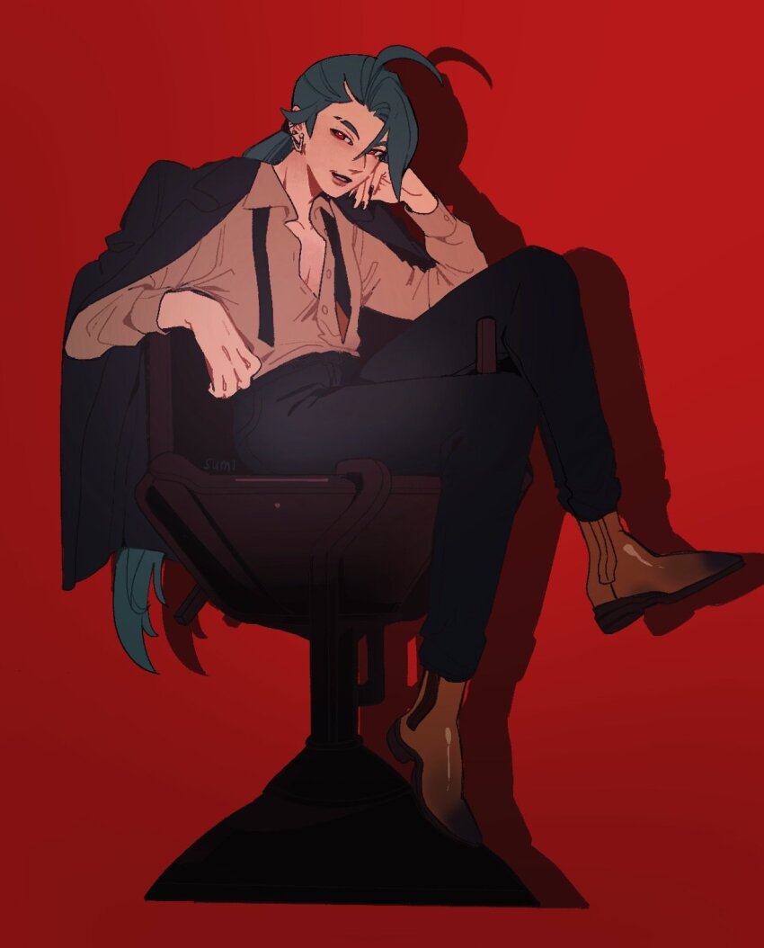 1girl ahoge black_nails black_necktie black_pants breasts bright_pupils brown_shoes chair collared_shirt commentary drop_shadow earrings eyebrow_cut green_hair hand_up head_rest highres jacket jacket_on_shoulders jewelry long_hair mei_(manjunii) nail_polish necktie nintendo pants partially_unbuttoned pokemon pokemon_sv ponytail red_eyes rika_(pokemon) shirt shoes sideboob sitting smile solo symbol-only_commentary undone_necktie