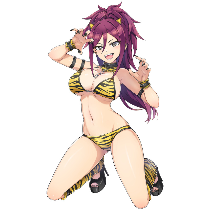 1girl animal_print bikini breasts cleavage collar dolphin_wave fur_bikini game_cg grey_eyes high_heels highres horns kneeling kurenashi_yuuri large_breasts long_hair looking_at_viewer nail_polish non-web_source official_alternate_costume official_alternate_hairstyle official_art oni oni_costume ootomo_takuji open_mouth ponytail print_bikini purple_hair sandals setsubun sharp_teeth small_horns smile striped_horns swimsuit teeth tiger_panties tiger_print toenail_polish toenails toes yellow_bikini yellow_horns