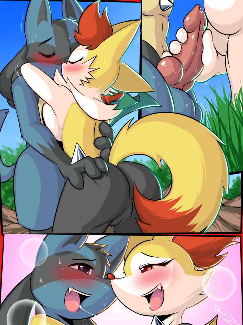 1boy 1girl animal_ears animal_penis ass blue_eyes blush braixen breasts closed_eyes dog_penis euyoshi89 fox_ears fox_girl fox_tail french_kiss furry furry_female furry_male furry_with_furry gen_4_pokemon gen_6_pokemon hetero highres kiss knotted_penis lucario nintendo open_mouth penis pokemon pokemon_(creature) pussy saliva saliva_trail smile spikes spread_ass tail testicles tongue tongue_out wolf_boy wolf_ears wolf_tail