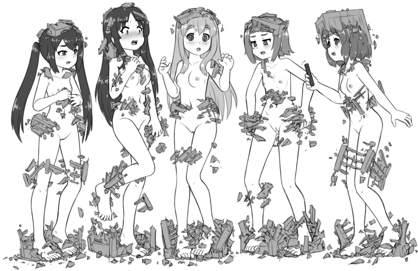 5girls :o akiyama_mio alloyrabbit blush breasts cleavage cleft_of_venus commentary english_commentary feet female_focus groin highres hirasawa_yui ho-kago_tea_time k-on! kotobuki_tsumugi legs long_hair medium_breasts monochrome multiple_girls nakano_azusa navel nipples nude open_mouth pussy short_hair sideboob simple_background small_breasts tainaka_ritsu teeth thick_eyebrows twintails upper_teeth_only white_background