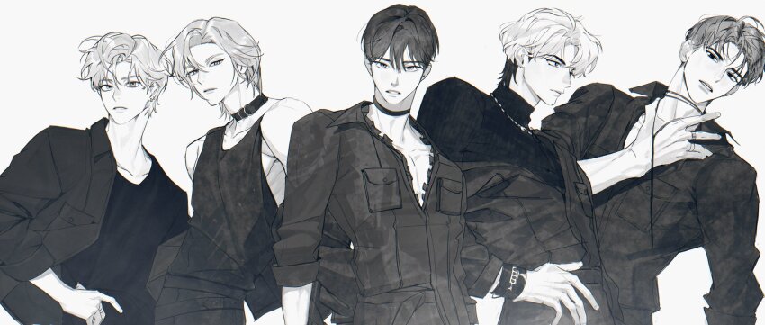 5boys bamby_(plave) belt_collar black_hair black_jacket black_shirt black_tank_top collar eunho_(plave) grey_hair hair_between_eyes hamin_(plave) hand_on_own_chest hand_on_own_hip highres jacket k-pop korean_commentary long_sleeves looking_at_viewer medium_hair monochrome multiple_boys nakddidi noah_(plave) parted_bangs parted_lips plave shirt short_hair simple_background sweater tank_top turtleneck turtleneck_sweater white_background white_hair yejun_(plave)