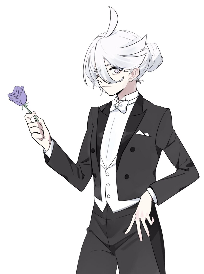 1girl ahoge bow bowtie coattails flower grey_eyes gundam gundam_suisei_no_majo hair_bun highres holding holding_flower knightym22 miorine_rembran pants purple_flower simple_background solo tuxedo vest white_background